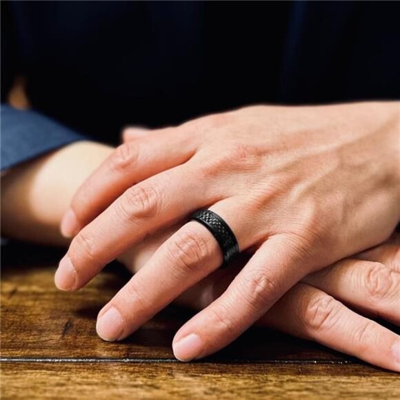 Men's Wedding Band Rings Black Carbon Fiber Inlay Wedding Rings for Men & Women - Picture 3 of 7